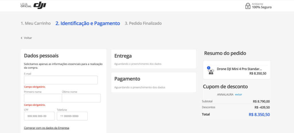 passo a passo de como usar o cupom de desconto DJI Brasil